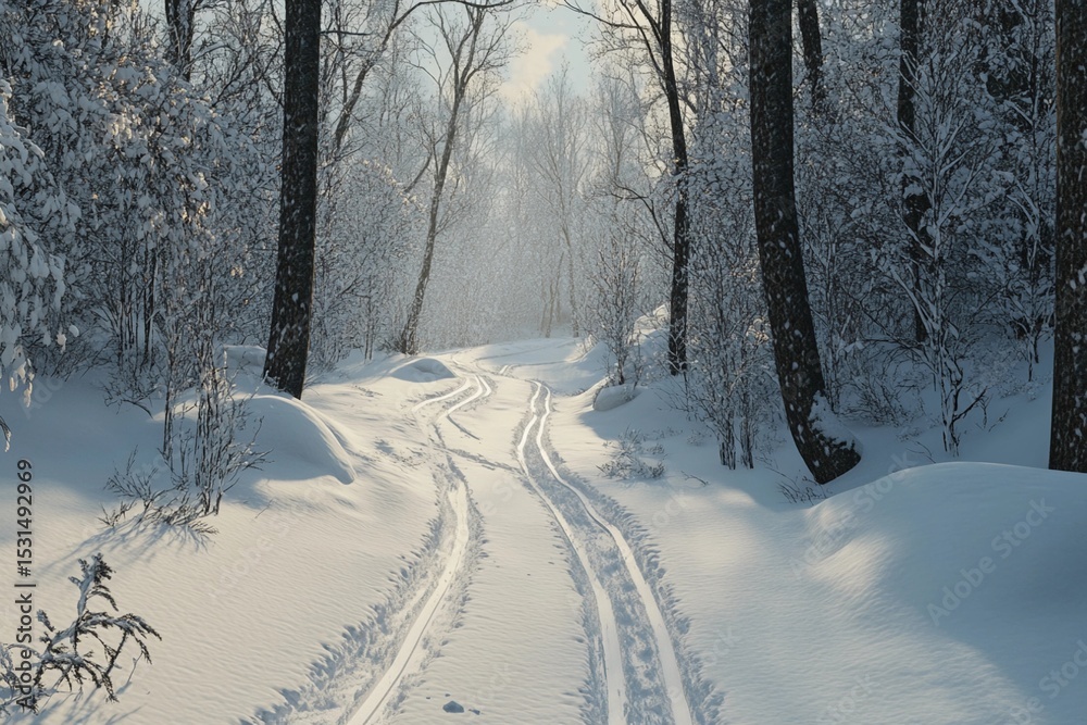 Obraz premium Person cross-country skiing through a snowy forest trail