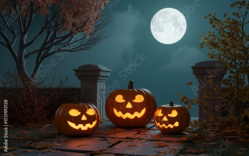 Halloween jack olanterns under autumn moon