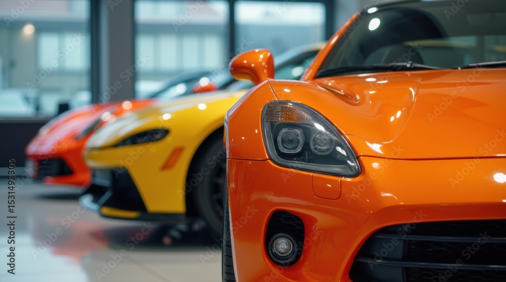 A lineup of colorful luxury cars in a show room, showcasing a prominent orange car in front with a focus on the headlight and grille A lineup of colorful luxury cars in a show room, showcasing a prominent orange car in front with a focus on the headlight and grille