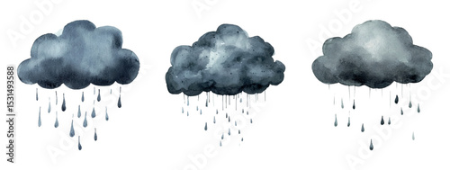 Set of gray watercolor rain clouds. Gray rain clouds with raindrops in watercolor style. Elements of weather, storm, rain, etc. Vector illustration.