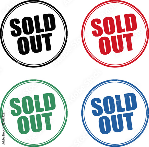 A red sold out stamp with a double circle border on a white background