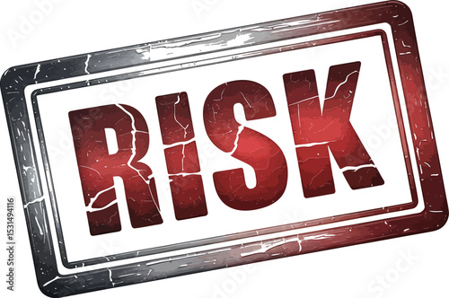 Red risk sign with cracks on a white background tilted to the right side