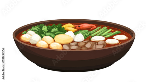 Authentic hot pot bowl with bubbling broth and assorted ingredients isolated on white background 