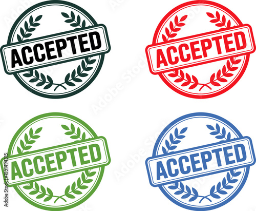 A green accepted stamp with leaves on a beige textured background image