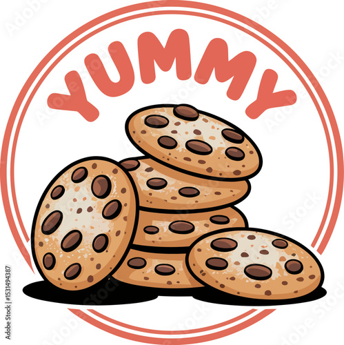 Illustration of a stack of chocolate chip cookies with yummy text above