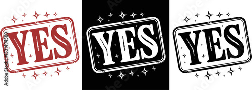 A red yes stamp with stars around it on an off white background image