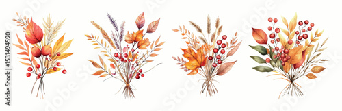 Watercolor set of autumn floral arrangements. Watercolor autumn compositions with autumn leaves, cranberries. spikelets and other autumn flowers. Watercolor autumn floristry.