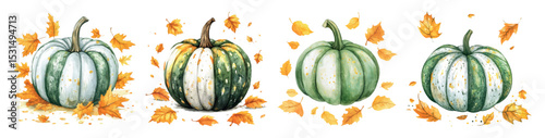 Watercolor set of green pumpkins with autumn leaves. Watercolor harvest of green pumpkins. Elements for Halloween, Thanksgiving, etc. Autumn harvest concept. Vector illustration.