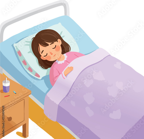 Girl Sleeping Comfortably in Bed with Purple Blanket and Pink Pajamas Illustration