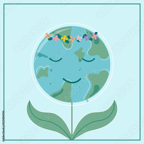 Planet Earth, globe with eyes and face, smiling, against blue sky, with leaves and stem, Earth Day