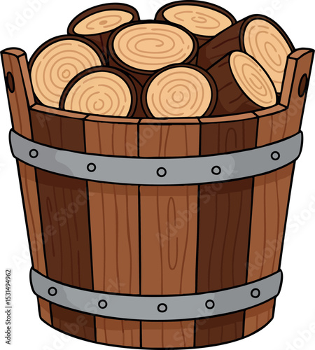 Wooden bucket filled with round firewood logs vector illustration in rustic style 
