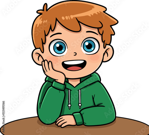 Happy boy with blue eyes and brown hair wearing green hoodie sitting at table vector illustration 