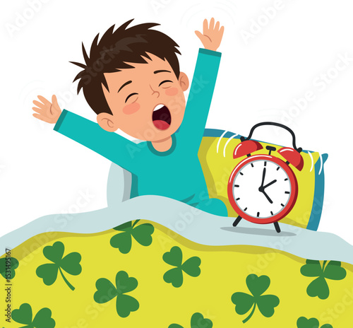 Boy yawning waking up in bed with alarm clock and clover patterned blanket vector illustration 