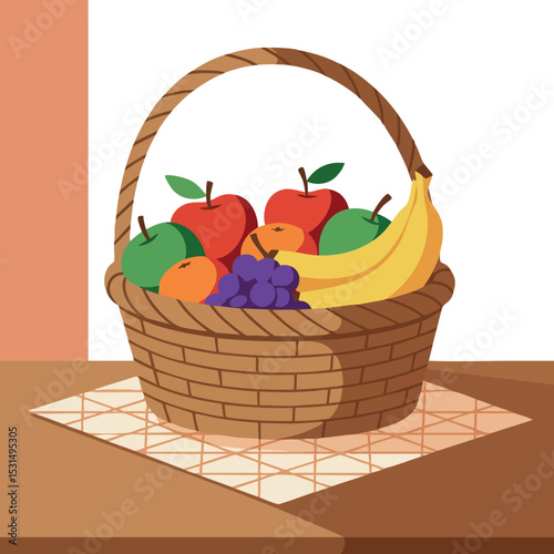 Fruit basket with apples grapes bananas and oranges on table vector illustration 