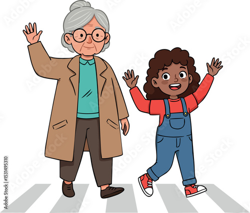 Grandmother and granddaughter walking happily together on pedestrian crossing vector illustration 
