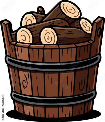 Wooden bucket filled with firewood logs natural rustic container illustration vector 