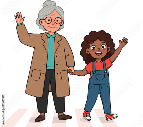 Grandmother and child holding hands waving happily vector illustration in casual clothes 