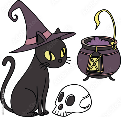 black cat with witch hat skull and magic cauldron