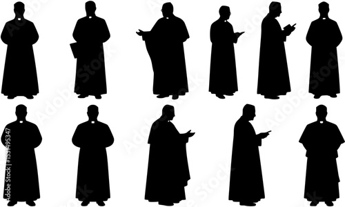 Priest silhouettes set, clergy pack of vector silhouette design, isolated background
