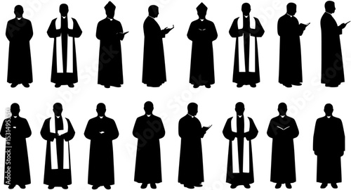 Priest silhouettes set, clergy pack of vector silhouette design, isolated background
