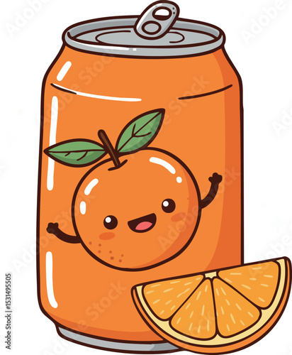 Orange soda can with happy cartoon fruit character and fresh orange slice vector illustration 