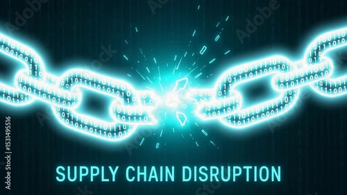 Visual representation of supply chain disruption, featuring a broken digital chain with an illuminating spark, symbolizing the challenges and risks in supply chain management.