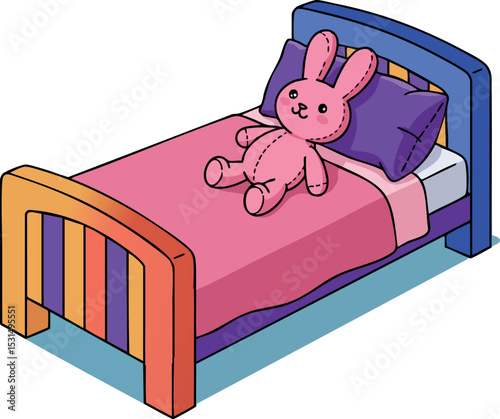Kids bed with pink blanket and purple pillow featuring stuffed bunny toy vector illustration 