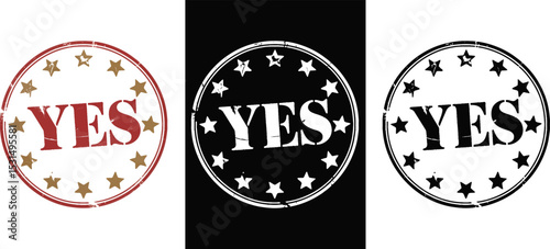 A vintage yes stamp with red text and gold stars in a circular pattern
