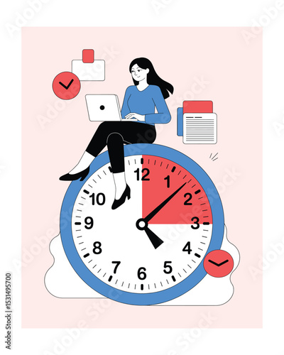 Woman working on laptop, sitting on clock: Time Management, Productivity