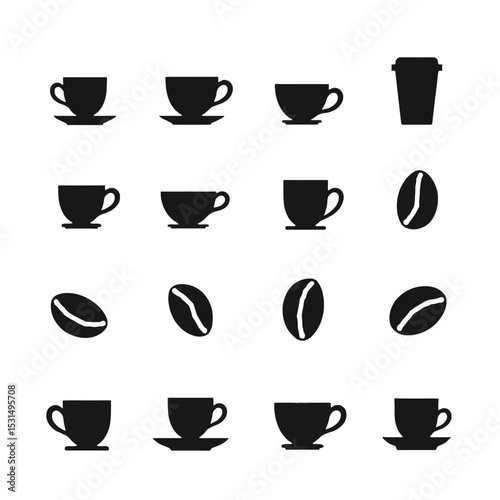 Coffee cup silhouettes beans takeaway icons set