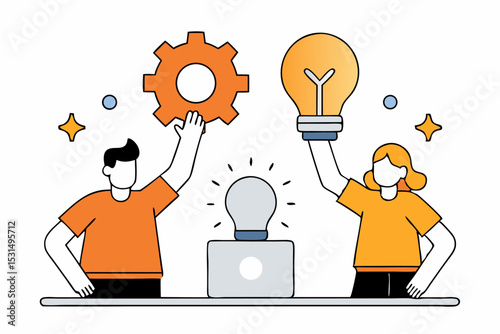 Innovation teamwork concept, two people holding gear and light bulb, laptop on desk, creative collaboration, business idea generation, office productivity.