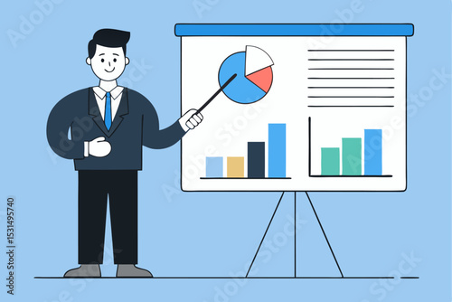 Business presentation concept, suited person explaining charts on screen, data analysis, corporate meeting, professional lecture, financial report, strategy sharing.