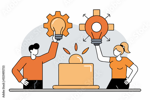 Innovative teamwork concept, two people holding gear - bulb and rotating gear, laptop on desk, creative collaboration, business idea evolution, office productivity.
