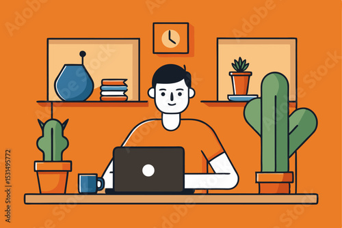 Home office concept, person working on laptop with plants and decor, remote work, productivity, comfort, creativity, home workspace, freelance lifestyle.