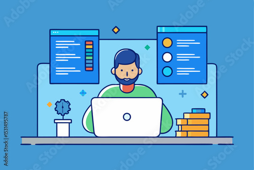Tech workspace concept, person working on laptop with code screens and books, programming, development, tech productivity, creative coding, office innovation, digital workspace.
