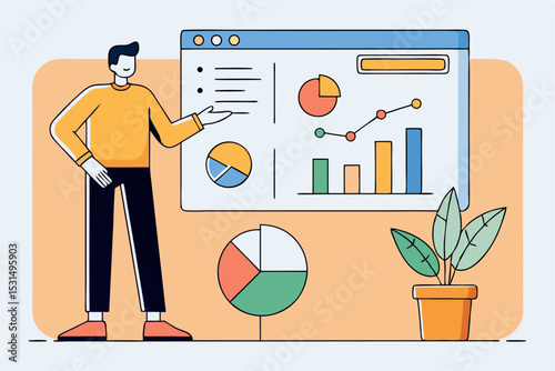 Data display scene, person presenting graphs, pie chart, bar graph, business analysis, corporate report, vector artwork.