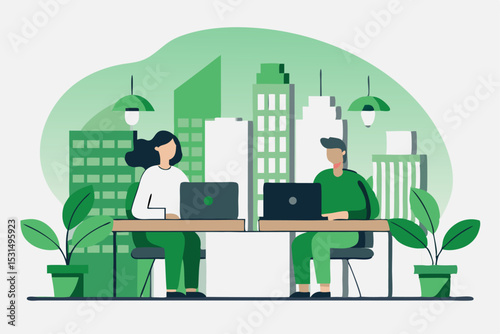 Green city office scene, people with laptops, urban background, plants, workplace collaboration, corporate work, vector design.