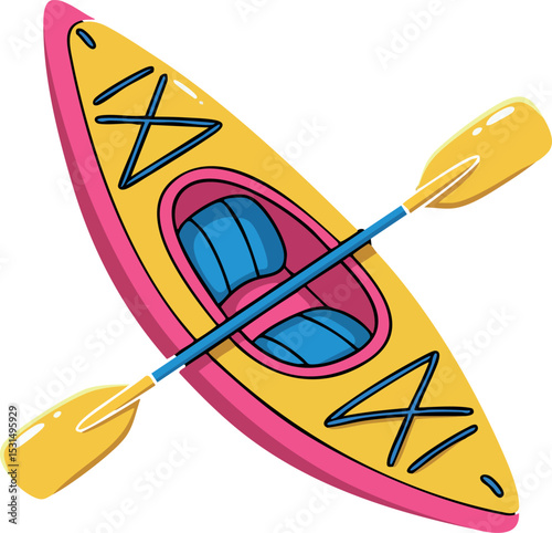 Kayak boat with paddle top view yellow and pink vector illustration for outdoor water sports 