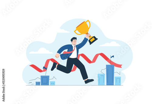 Businessman Running to Win Holding Trophy Over Finishing Line Illustration