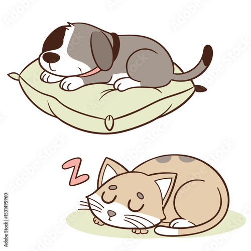 Vector icon set of some pets like cat and dog sleeping 
