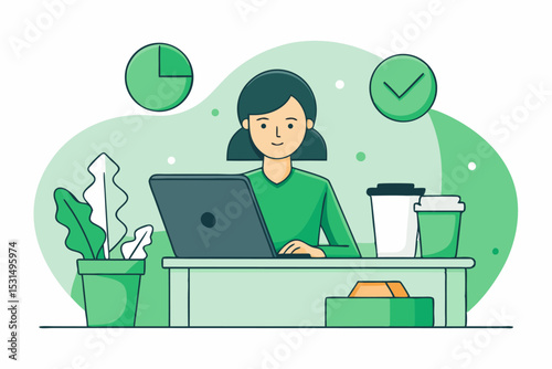 Green office scene, person with laptop, coffee cups, plants, progress icons, workplace task, vector design.