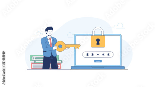 Data Security Illustration: Man with Key Unlocking Laptop with Password Protection
