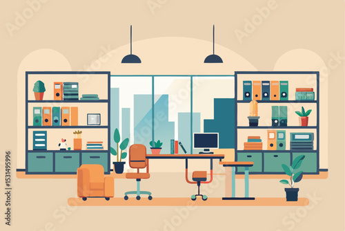 Office space scene, interior with bookshelves, desks, chairs, plants, city background, vector artwork.