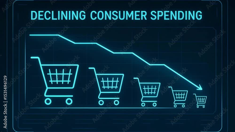 Illustration depicting declining consumer spending with shopping carts in a downward trend, highlighting economic challenges faced by businesses and consumers.