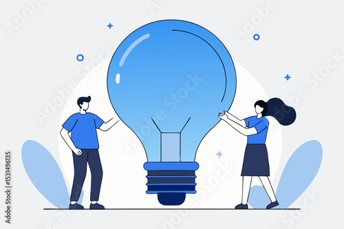 Minimalist creative team with blue bulb, innovation partnership, man woman collaboration, idea symbol, office creativity, vector design, professional concept.