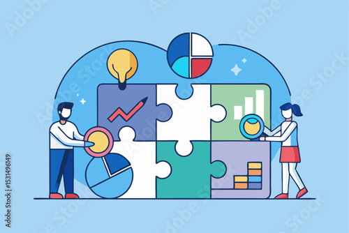 Corporate team building data puzzle, man woman partnership, colorful graph pieces, business strategy, project planning, office collaboration, vector illustration.