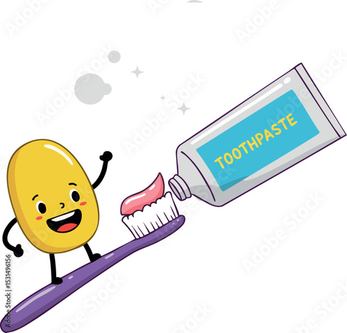 Happy yellow pill character with toothbrush and toothpaste tube vector illustration 