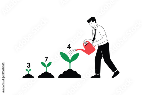 Growing Business: Businessman Watering Plants Representing Growth Stages with Numbers