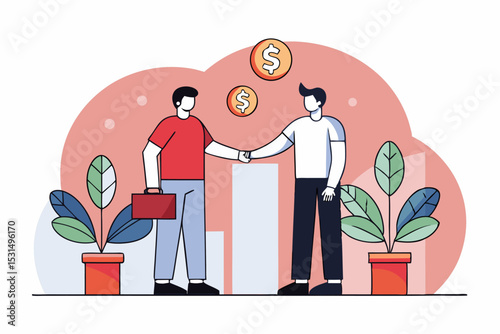 Business partnership handshake, man man collaboration, dollar coins, plant, corporate deal, financial agreement, office success concept.