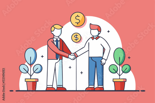 Corporate deal handshake, man collaboration, dollar coins, plant, business growth, financial agreement, office partnership concept.